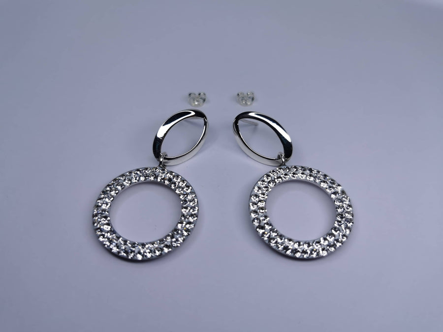 Aretes Ovalo con Circulo Grande de Cristal Plata de .925