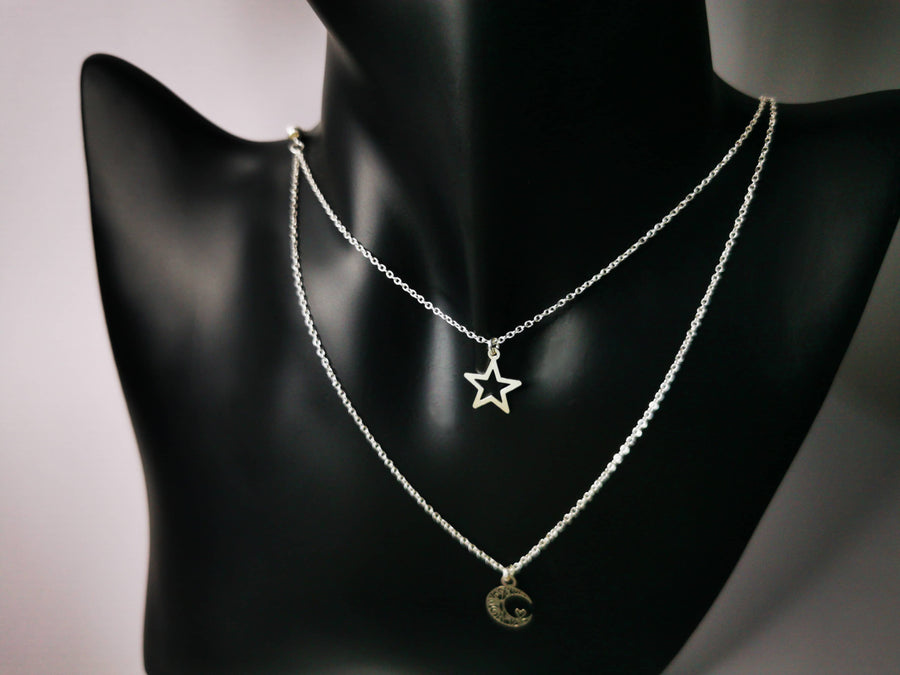 Collar Doble con Luna y Estrella de Plata .925